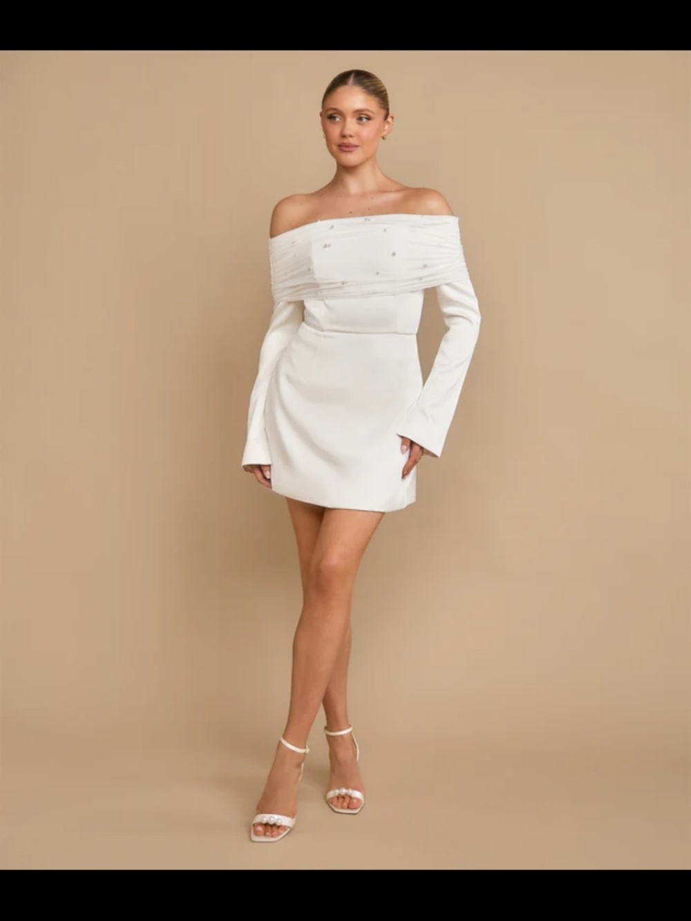 Off-Shoulder White Mini Dress with Embellished Bodice